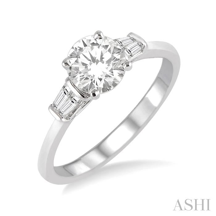 1/2 Ctw Baguette and Round Cut Diamond Ladies Engagement Ring with 1/3 Ct Round Cut Center Stone in 14K White Gold