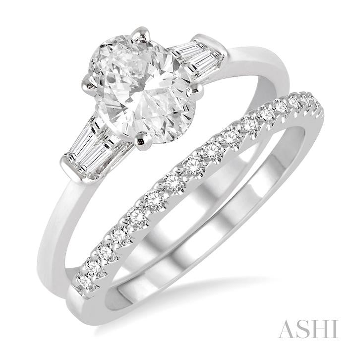 5/8 Ctw Diamond Wedding Set With 1/2 Ctw Baguette & Oval Cut Engagement Ring and 1/10 Ctw Round Cut Diamond Wedding Band in 14K White Gold