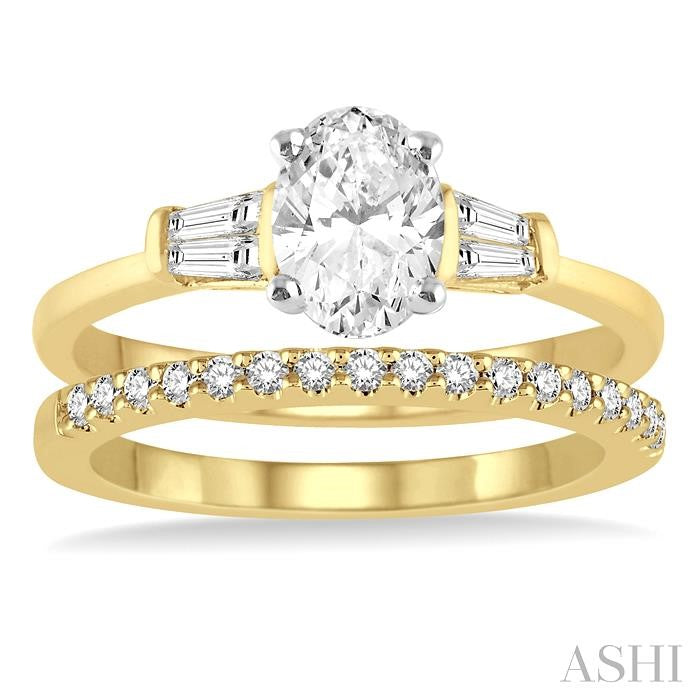 5/8 Ctw Diamond Wedding Set With 1/2 Ctw Baguette & Oval Cut Engagement Ring and 1/10 Ctw Round Cut Diamond Wedding Band in 14K Yellow and White Gold