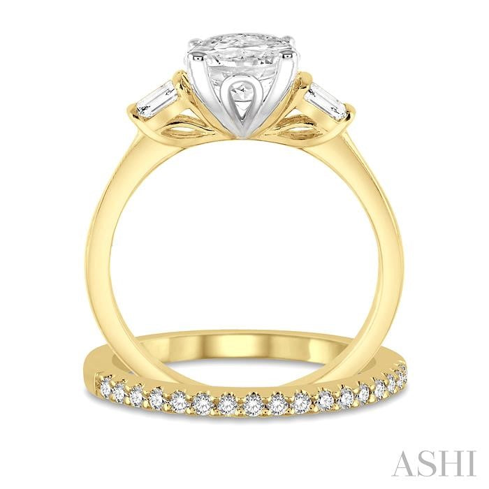 5/8 Ctw Diamond Wedding Set With 1/2 Ctw Baguette & Oval Cut Engagement Ring and 1/10 Ctw Round Cut Diamond Wedding Band in 14K Yellow and White Gold
