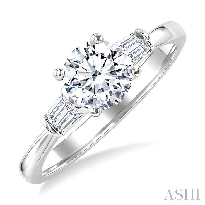 1/5 Ctw Baguette Cut Diamond Round Shape Semi-Mount Engagement Ring in 14K White Gold
