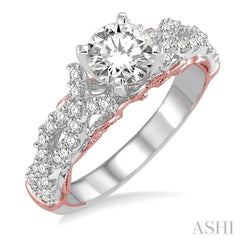 1 1/10 Ctw Diamond Engagement Ring with 5/8 Ct Round Cut Center Stone in 14K White and Rose Gold