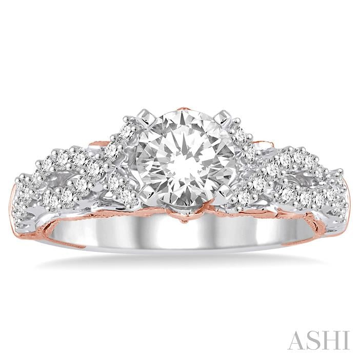 1 1/10 Ctw Diamond Engagement Ring with 5/8 Ct Round Cut Center Stone in 14K White and Rose Gold
