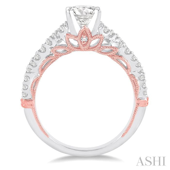 1 1/10 Ctw Diamond Engagement Ring with 5/8 Ct Round Cut Center Stone in 14K White and Rose Gold