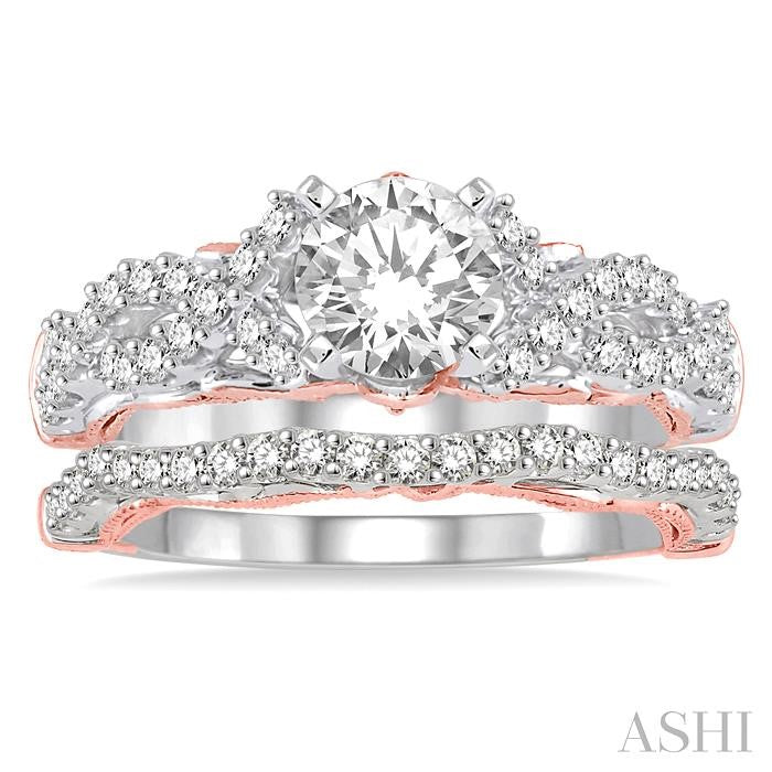 1 1/3 Ctw Diamond Wedding Set with 1 Ctw Round Cut Engagement Ring and 1/4 Ctw Wedding Band in 14K White and Rose Gold