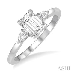 3/4 Ctw Octagon Emerald and Pear Cut Diamond Ladies Engagement Ring with 1/2 Ct Emerald Cut Center Stone in 14K White Gold