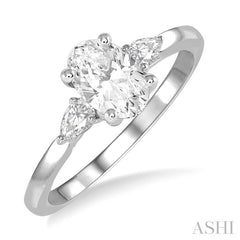 3/4 Ctw Pear and Oval Cut Diamond Ladies Engagement Ring With 1/2 Ct Oval Cut Center Stone in 14K White Gold