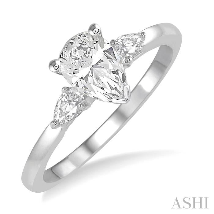 3/4 Ctw Pear Cut Diamond Ladies Engagement Ring With 1/2 Ct Pear Cut Center Stone in 14K White Gold