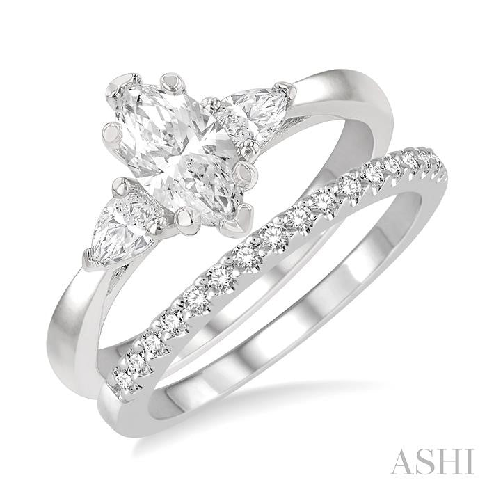 7/8 Ctw Diamond Wedding Set With 3/4 Ctw Tri-Mount Pear & Marquise Cut Stone Engagement Ring and 1/10 Ctw Diamond Wedding Band in 14K White Gold