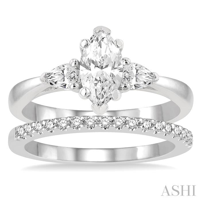 7/8 Ctw Diamond Wedding Set With 3/4 Ctw Tri-Mount Pear & Marquise Cut Stone Engagement Ring and 1/10 Ctw Diamond Wedding Band in 14K White Gold