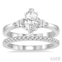 7/8 Ctw Diamond Wedding Set With 3/4 Ctw Tri-Mount Pear & Marquise Cut Stone Engagement Ring and 1/10 Ctw Diamond Wedding Band in 14K White Gold