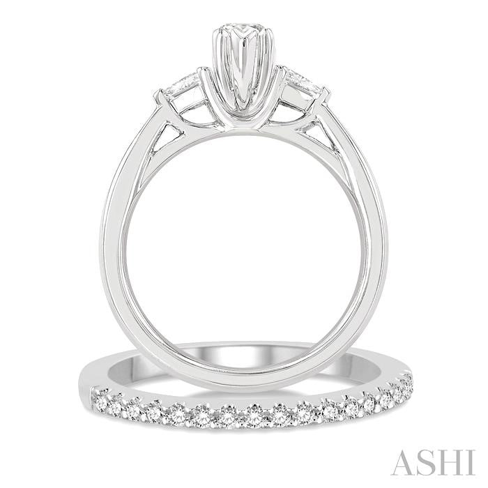 7/8 Ctw Diamond Wedding Set With 3/4 Ctw Tri-Mount Pear & Marquise Cut Stone Engagement Ring and 1/10 Ctw Diamond Wedding Band in 14K White Gold
