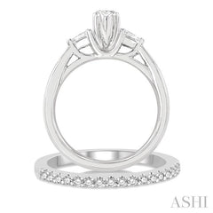 7/8 Ctw Diamond Wedding Set With 3/4 Ctw Tri-Mount Pear & Marquise Cut Stone Engagement Ring and 1/10 Ctw Diamond Wedding Band in 14K White Gold