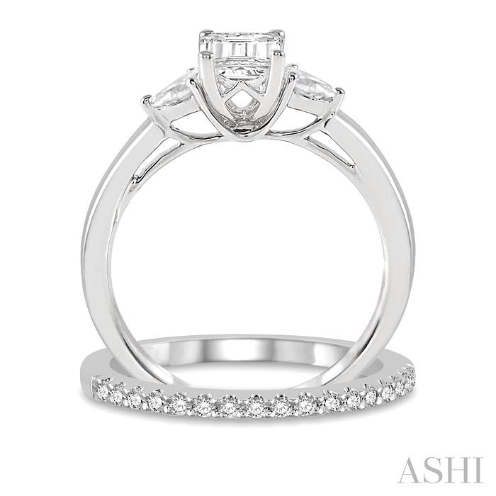 7/8 Ctw Diamond Wedding Set With 3/4 Ctw Octagon Emerald & Pear Cut Engagement Ring and 1/6 Ctw Round Cut Diamond Wedding Band in 14K White Gold
