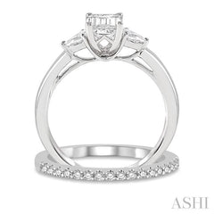 7/8 Ctw Diamond Wedding Set With 3/4 Ctw Octagon Emerald & Pear Cut Engagement Ring and 1/6 Ctw Round Cut Diamond Wedding Band in 14K White Gold
