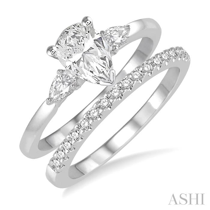 7/8 Ctw Diamond Wedding Set With 3/4 Ctw Pear Cut Engagement Ring and 1/6 Ctw Round Cut Diamond Wedding Band in 14K White Gold