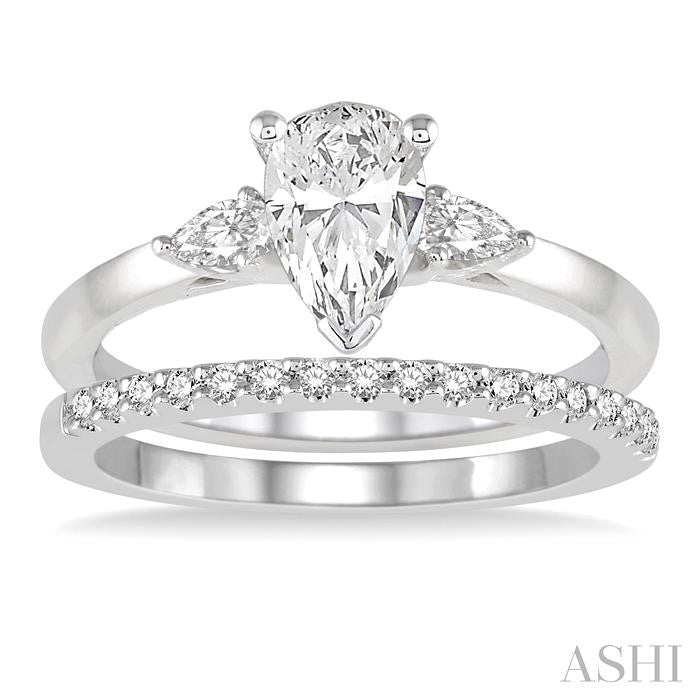 7/8 Ctw Diamond Wedding Set With 3/4 Ctw Pear Cut Engagement Ring and 1/6 Ctw Round Cut Diamond Wedding Band in 14K White Gold