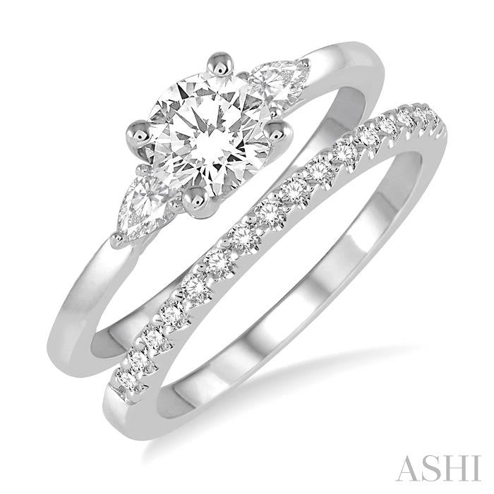 7/8 Ctw Diamond Wedding Set With 3/4 Ctw Pear & Round Cut Engagement Ring and 1/6 Ctw Round Cut Diamond Wedding Band in 14K White Gold