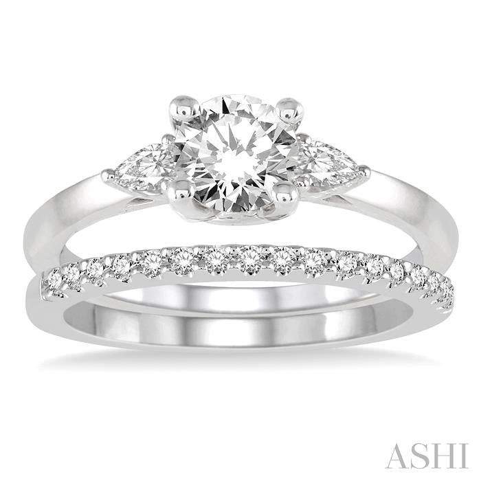 7/8 Ctw Diamond Wedding Set With 3/4 Ctw Pear & Round Cut Engagement Ring and 1/6 Ctw Round Cut Diamond Wedding Band in 14K White Gold