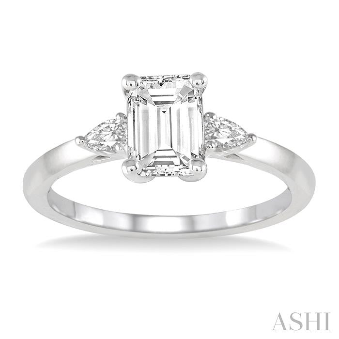 1/2 Ctw Octagon Emerald and Pear Cut Diamond Ladies Engagement Ring with 1/3 Ct Emerald Cut Center Stone in 14K White Gold