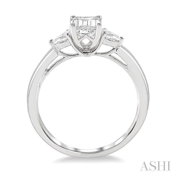 1/2 Ctw Octagon Emerald and Pear Cut Diamond Ladies Engagement Ring with 1/3 Ct Emerald Cut Center Stone in 14K White Gold