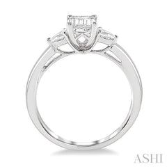 1/2 Ctw Octagon Emerald and Pear Cut Diamond Ladies Engagement Ring with 1/3 Ct Emerald Cut Center Stone in 14K White Gold