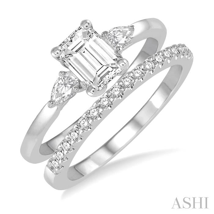 5/8 Ctw Diamond Wedding Set With 1/2 Ctw Octagon Emerald & Pear Cut Engagement Ring and 1/10 Ctw Round Cut Diamond Wedding Band in 14K White Gold