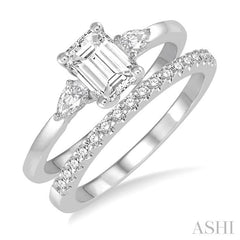 5/8 Ctw Diamond Wedding Set With 1/2 Ctw Octagon Emerald & Pear Cut Engagement Ring and 1/10 Ctw Round Cut Diamond Wedding Band in 14K White Gold