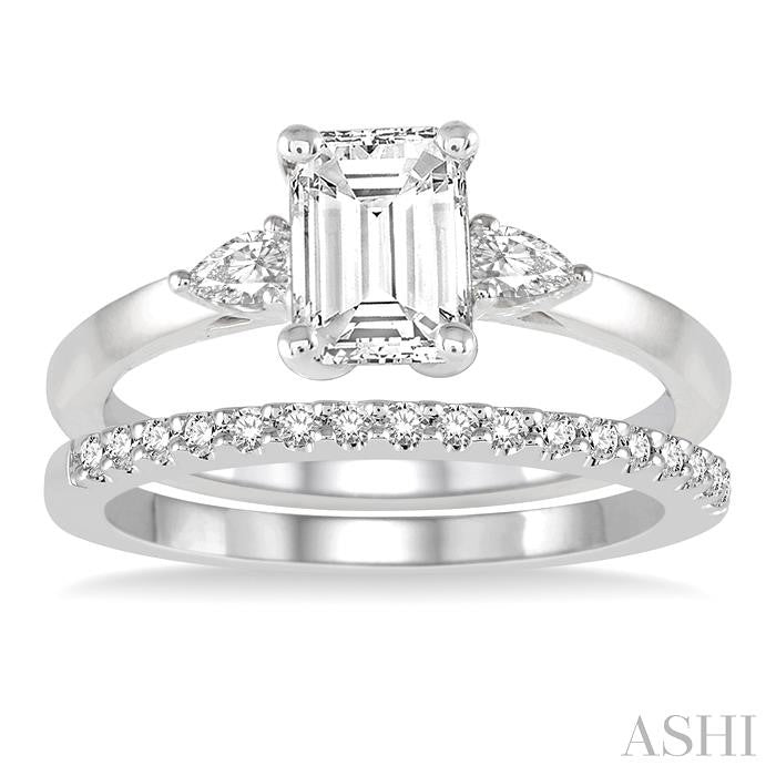 5/8 Ctw Diamond Wedding Set With 1/2 Ctw Octagon Emerald & Pear Cut Engagement Ring and 1/10 Ctw Round Cut Diamond Wedding Band in 14K White Gold