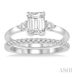 5/8 Ctw Diamond Wedding Set With 1/2 Ctw Octagon Emerald & Pear Cut Engagement Ring and 1/10 Ctw Round Cut Diamond Wedding Band in 14K White Gold