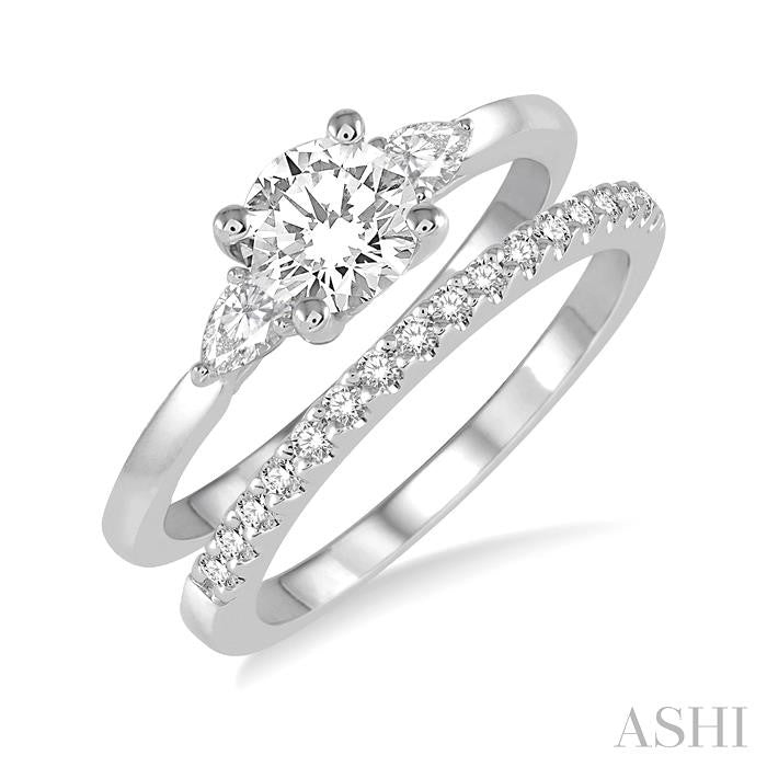 5/8 Ctw Diamond Wedding Set With 1/2 Ctw Pear & Round Cut Engagement Ring and 1/10 Ctw Round Cut Diamond Wedding Band in 14K White Gold