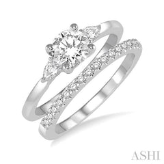 5/8 Ctw Diamond Wedding Set With 1/2 Ctw Pear & Round Cut Engagement Ring and 1/10 Ctw Round Cut Diamond Wedding Band in 14K White Gold