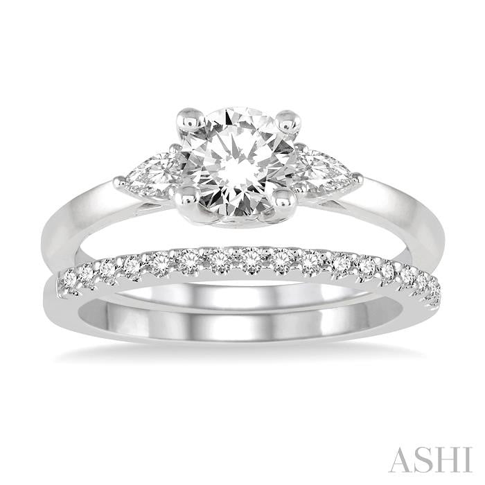 5/8 Ctw Diamond Wedding Set With 1/2 Ctw Pear & Round Cut Engagement Ring and 1/10 Ctw Round Cut Diamond Wedding Band in 14K White Gold
