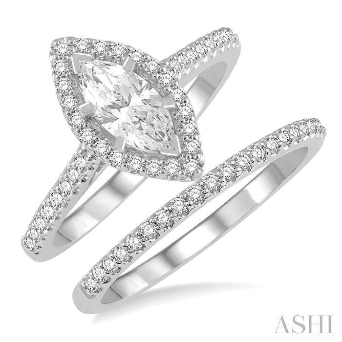 7/8 Ctw Diamond Wedding Set With 3/4 Ct Engagement Ring With 1/2 Ct Marquise Cut Center Stone and 1/6 Ct Wedding Band in 14K White Gold