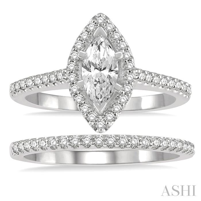 7/8 Ctw Diamond Wedding Set With 3/4 Ct Engagement Ring With 1/2 Ct Marquise Cut Center Stone and 1/6 Ct Wedding Band in 14K White Gold