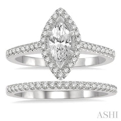 7/8 Ctw Diamond Wedding Set With 3/4 Ct Engagement Ring With 1/2 Ct Marquise Cut Center Stone and 1/6 Ct Wedding Band in 14K White Gold