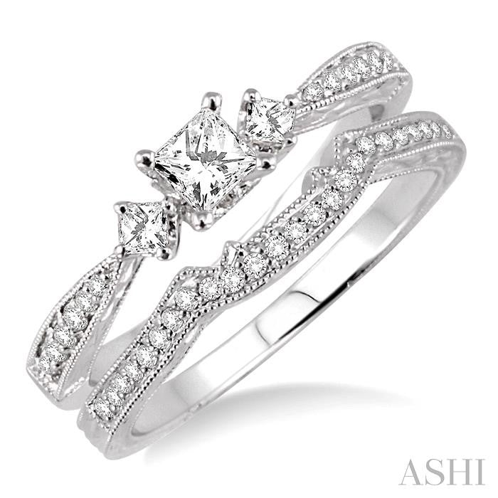 1/2 Ctw Diamond Wedding Set with 3/8 Ctw Princess Cut Engagement Ring and 1/10 Ctw Wedding Band in 14K White Gold