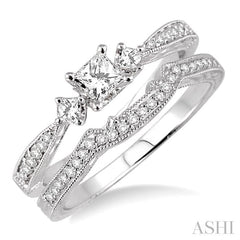 1/2 Ctw Diamond Wedding Set with 3/8 Ctw Princess Cut Engagement Ring and 1/10 Ctw Wedding Band in 14K White Gold