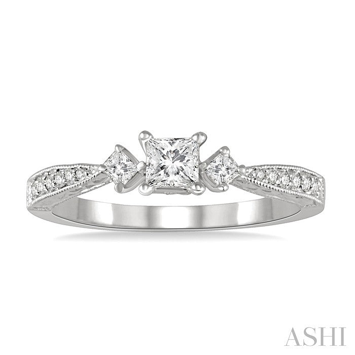 3/8 Ctw Diamond Engagement Ring with 1/5 Ct Princess Cut Center Stone in 14K White Gold
