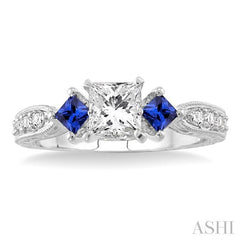 2.8 MM Princess Cut Sapphire and 1/5 Ctw Diamond Semi-Mount Engagement Ring in 14K White Gold