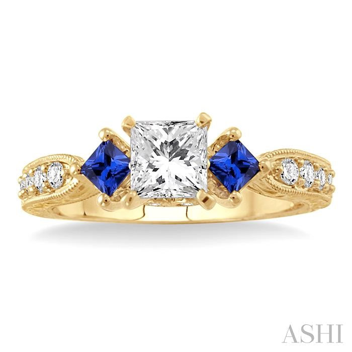 2.8 MM Princess Cut Sapphire and 1/5 Ctw Diamond Semi-Mount Engagement Ring in 14K Yellow Gold