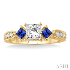 2.8 MM Princess Cut Sapphire and 1/5 Ctw Diamond Semi-Mount Engagement Ring in 14K Yellow Gold