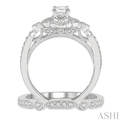 3/4 Ctw Round Cut Diamond Wedding Set With 5/8 Ctw Oval Cut Floral Engagement Ring and 1/10 Ctw Lattice Wedding Band in 14K White Gold