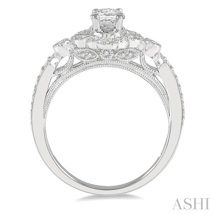 5/8 Ctw Lattice Oval and Round Cut Diamond Ladies Engagement Ring with 3/8 Ct Oval Cut Center Stone in 14K White Gold