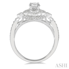 5/8 Ctw Lattice Oval and Round Cut Diamond Ladies Engagement Ring with 3/8 Ct Oval Cut Center Stone in 14K White Gold