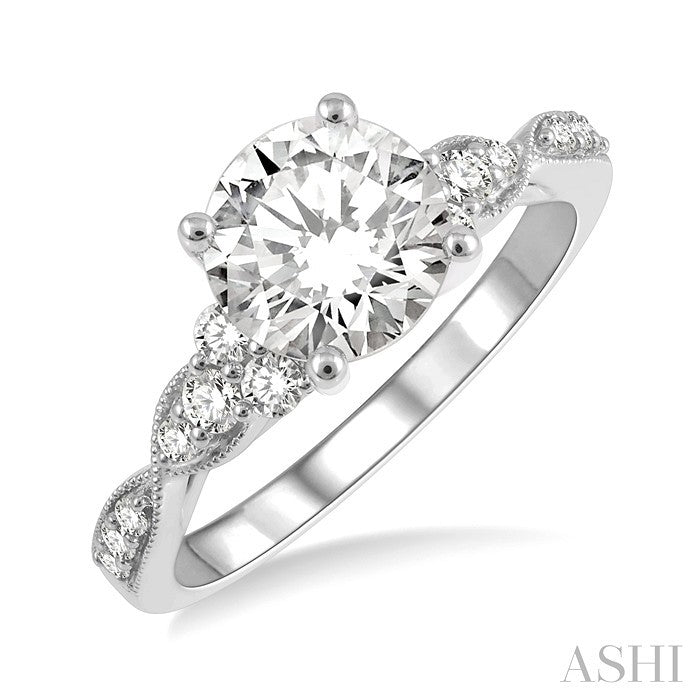 1/4 Ctw Carved Shank Round Cut Diamond Semi-Mount Engagement Ring in 14K White Gold