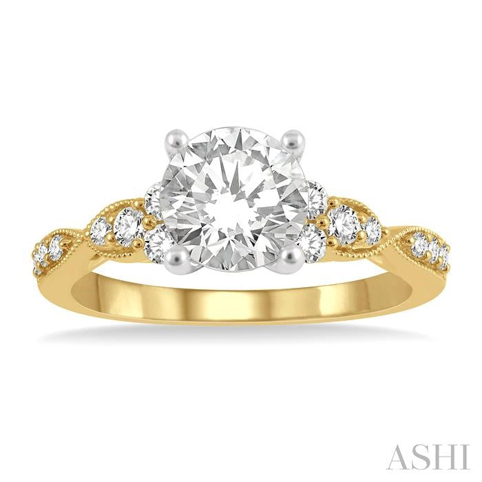 1/4 Ctw Carved Shank Round Cut Diamond Semi-Mount Engagement Ring in 14K Yellow and White Gold