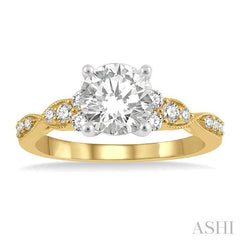 1/4 Ctw Carved Shank Round Cut Diamond Semi-Mount Engagement Ring in 14K Yellow and White Gold