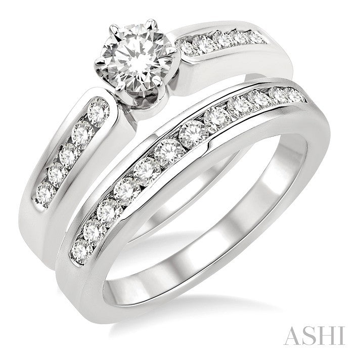 1 Ctw Diamond Wedding Set with 5/8 Ctw Round Cut Engagement Ring and 1/3 Ctw Wedding Band in 14K White Gold
