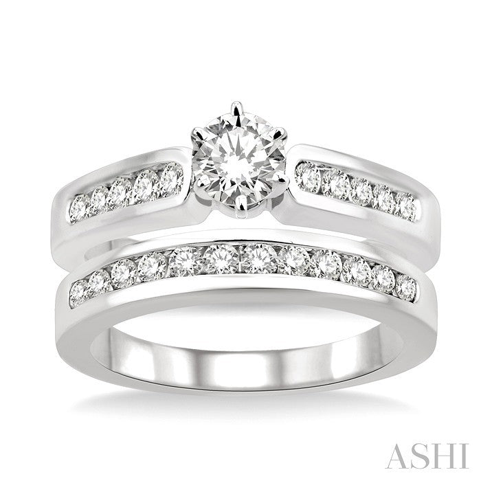 1 Ctw Diamond Wedding Set with 5/8 Ctw Round Cut Engagement Ring and 1/3 Ctw Wedding Band in 14K White Gold